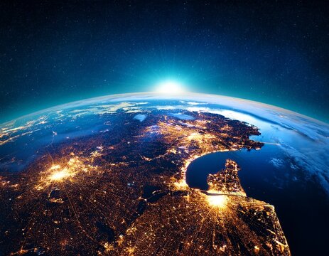 earth from space satellite photo of planet night view of globe city lights from space - Powered by Adobe