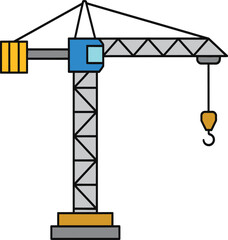 Yellow and blue construction tower crane with gray lattice boom and hook on white background Keywords © Papi