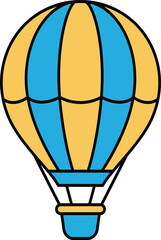 Obraz premium Yellow and blue striped hot air balloon with a basket on a white background Keywords: hot air balloon
