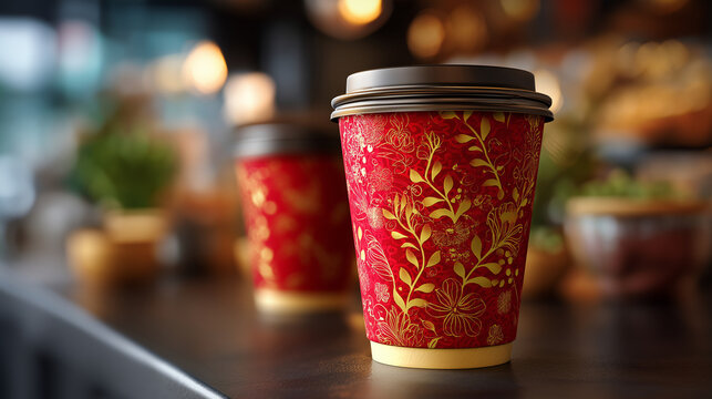 Chinese New Year 2026 themed coffee, cup mockup paper cup, red gold pattern caf&eacute;, counter festive beverage display, commercial product mockup , with copy space
