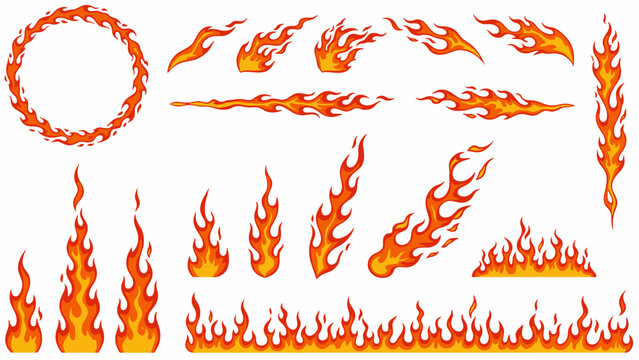 Cartoon red flame. Fire flames, hot fireball, danger wildfire campfire and bonfire elements, fire frames and flaming borders isolated vector set