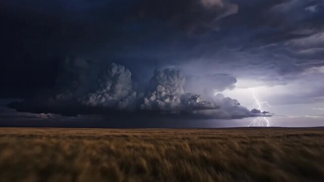 Dramatic landscape of a dark storm cloud over a field with lightning illuminating the sky.