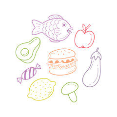 Hand Drawn Food Outline Icon Set with Fruits Vegetables Fish Burger and Sweets
