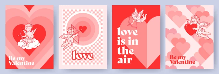 Selbstklebende Fototapeten Superhelden Creative concept of Happy Valentines Day card set. Trendy art design with little Cupids, hearts, geometric shapes and typography. Templates for celebration, ads, branding, banner, cover, label, poster  © Tanya Shulga