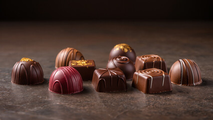 Delightful chocolate creations displayed artfully on a dark surface