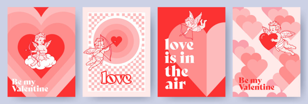 Creative concept of Happy Valentines Day card set. Trendy art design with little Cupids, hearts, geometric shapes and typography. Templates for celebration, ads, branding, banner, cover, label, poster