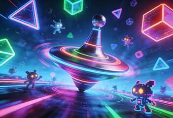 neon-lit spinning top with playful robots and colorful 3D shapes