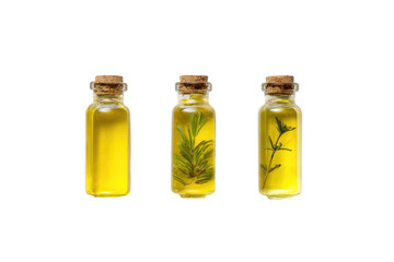 Three small glass bottles with herbal oils.  Each bottle contains a golden-yellow liquid and a sprig of fresh herbs.  A light cork stopper tops each