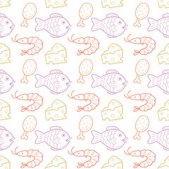 Hand drawn seamless food pattern with fish shrimp cheese and meat icons.