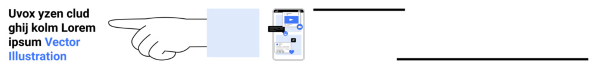Business presentations, user interface design, communication, digital navigation, technology, mobile applications. Hand pointing at a mobile screen with icons and text. User interface