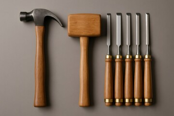 Group of essential woodworking hand tools, including hammer, mallet, and chisels, arranged on a subdued gray background