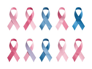 A set of six awareness ribbons in pink and blue, symbolizing support for various causes