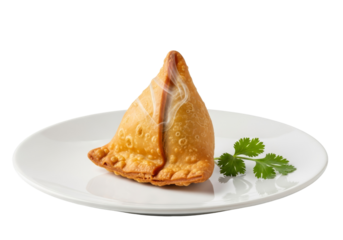 crispy samosa on white plate with cilantro garnish