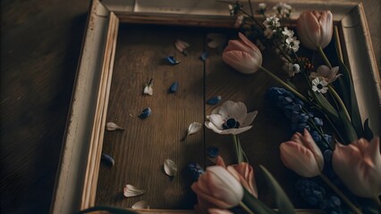 Vintage Floral Frame on Rustic Wood