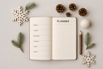 Weekly planner notebook with blank pages for New Year resolutions and goals, surrounded by winter decorative accents during holiday season