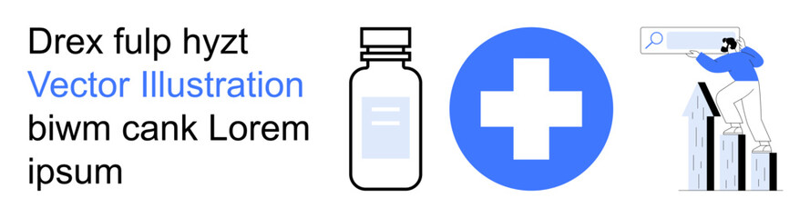 Obraz premium Healthcare, medical services, research, pharmacy business, data analysis, innovation. Blue medical cross, medicine vial person analyzing growth chart with magnifier. Healthcare and medical services