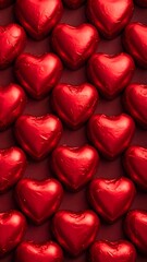 Seamless repeat pattern of red foil-wrapped heart-shaped chocolates on a dark red background, ideal for Valentine&rsquo;s Day, love, romance, and anniversary themes