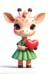 Giraffe holding a red Valentine heart, isolated on white background