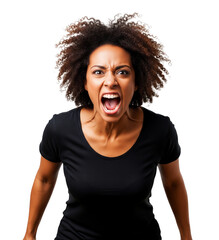 Emotional angry African American woman screaming shouting aggressive expression transparent background