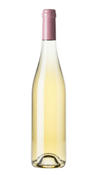 elegant, unlabeled glass wine bottle containing clear pale-yellow white wine, sealed with a matte pink capsule on a seamless high-key white studio background. concept for luxury beverage advertising