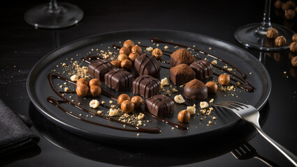 Delicious chocolate dessert creation with nuts and chocolate sauce