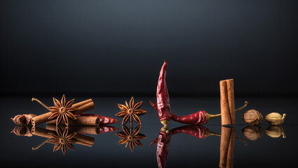 Delicious spices create a vibrant display on glossy surface