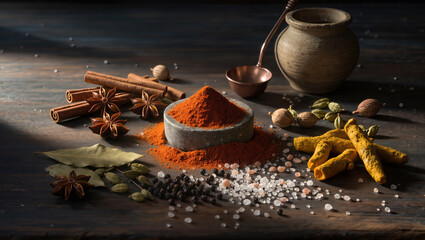 Colorful spices and herbs arranged on rustic wooden table