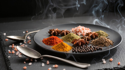 Spices arranged artistically with smoke wafting in the air