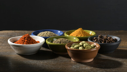 Vibrant spices arranged beautifully on a wooden surface