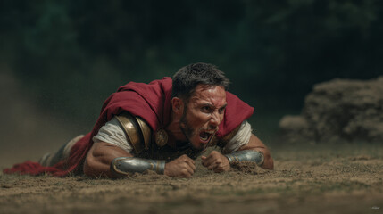 Roman soldier in armor and red cape struggles on the ground, shouting with effort