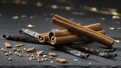 Spices of warmth and flavor showcase on a dark stone background