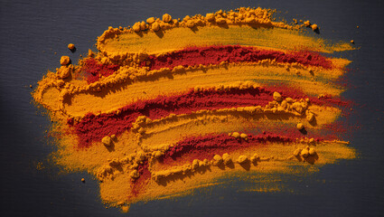 Vibrant spices create an artistic display of colors on a dark surface