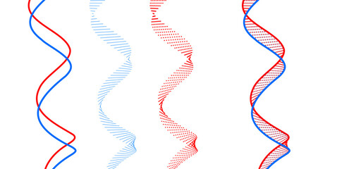 Vector set of DNA double helix structures featuring waves, dotted spirals and ladder patterns on white for genetics, biotechnology, medical science and scientific research concepts. © Imaster