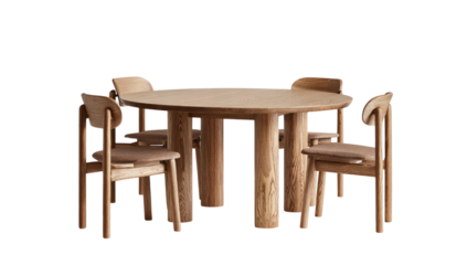 Round wooden dining set with chunky legs.  Four chairs and a table.  Natural light tones
