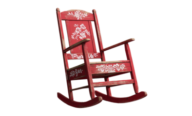 A vintage-style red rocking chair with white floral accents.  The chair's wooden frame displays weathered, distressed paint