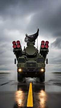 Military Radar System on a Wet Road Under a Dramatic Sky.