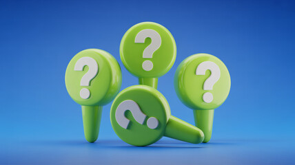Four green question mark icons on blue background for business queries