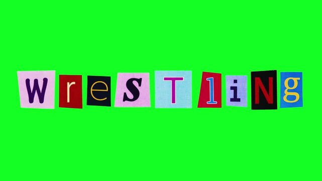 Wrestling stop motion text in vintage newspaper collage style. Isolated on green screen for sports entertainment content and athletic promotions with clean chroma key removal.