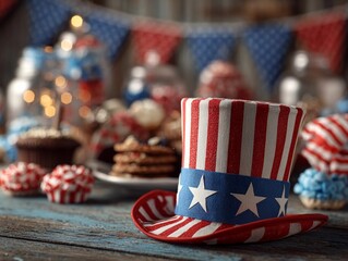 Celebration with red, white, and blue hat and festive treats on a wooden table for a summer gathering