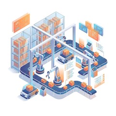 Obraz premium Isometric Automated Warehouse Robotic Conveyor System Vector