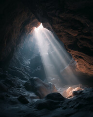 a beautiful majestic light shining through into a dark cave mouth, light rays, beautiful composition - generative ai