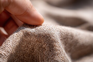 extreme close-up of linen fabric texture being gently touched, organic fibers visible, earthy color palette, soft sunlight, natural and calming tactile experience