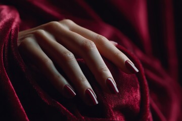 ultra close-up of manicured fingers gliding across deep velvet fabric, rich texture, dramatic soft lighting, dark elegant color palette, cinematic macro photography, tactile luxury