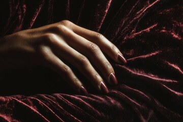 ultra close-up of manicured fingers gliding across deep velvet fabric, rich texture, dramatic soft lighting, dark elegant color palette, cinematic macro photography, tactile luxury