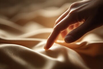 macro shot of human touch on smooth silk surface, subtle fabric reflections, warm golden light, high-end editorial style, shallow depth of field, elegance and tactile sophistication