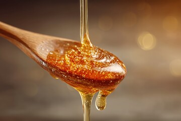 golden honey flowing slowly from a wooden spoon, sticky and translucent texture, warm sunlight, macro food photography, soft highlights, rich amber tones, extremely appetizing and tactile feeling