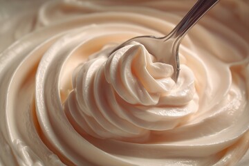 soft cream being gently swirled with a spoon, smooth velvety texture, subtle highlights, ultra macro perspective, minimal composition, soothing and relaxing ASMR aesthetic, tactile realism