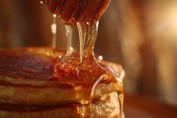 warm syrup dripping drop by drop onto a stack of pancakes, sticky texture stretching slowly, close-up macro view, cozy morning light, calming and indulgent ASMR food 