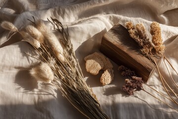 macro lifestyle shot of dried grasses, linen textiles and wooden elements, warm natural light, boho home decor aesthetic, organic textures, cozy and sensory atmosphere, minimalist composition