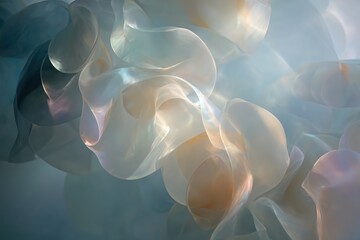 dreamlike abstract art evoking smell and touch, floating organic shapes, translucent layers, soft glowing light, subtle color transitions, airy and delicate, intimate sensory experience